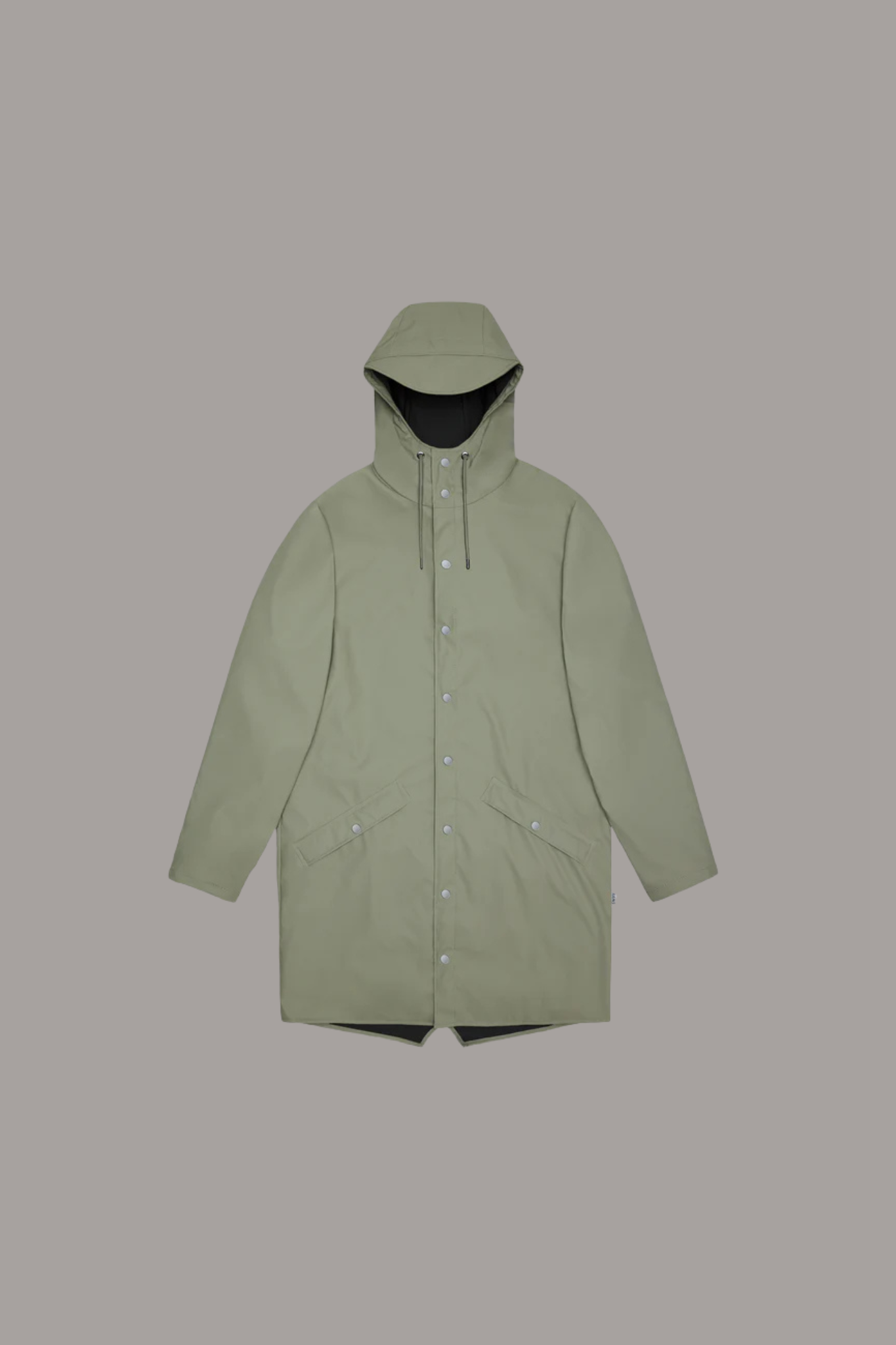 Rains long jacket W3 in green. Front flatlay view