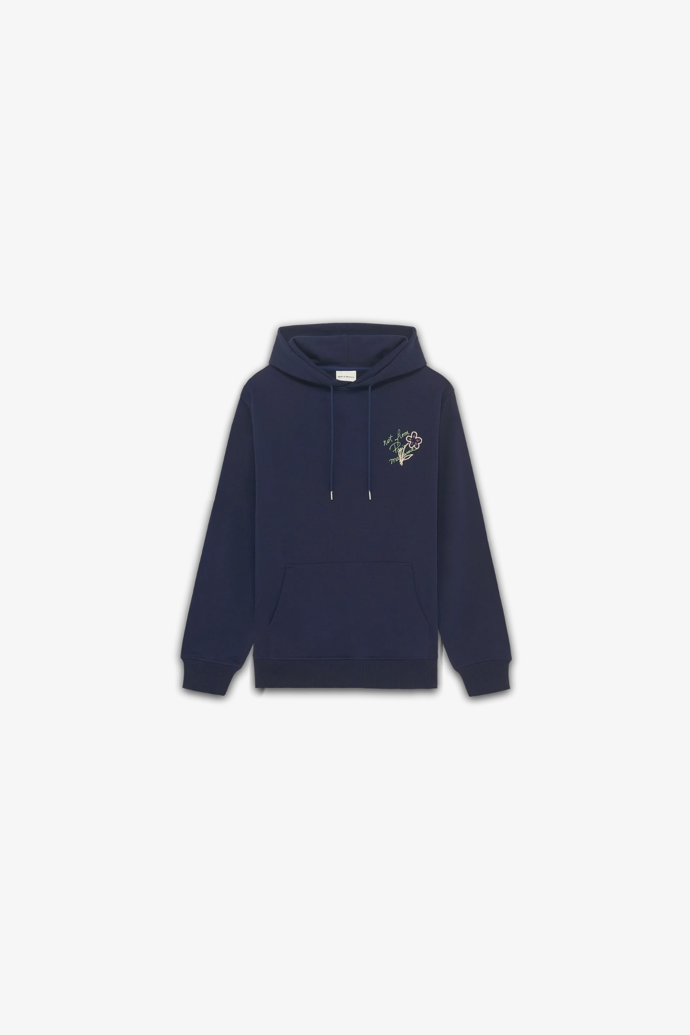 Drole De Monsieur le hoodie slogan esquisse in navy. Front flatlay view