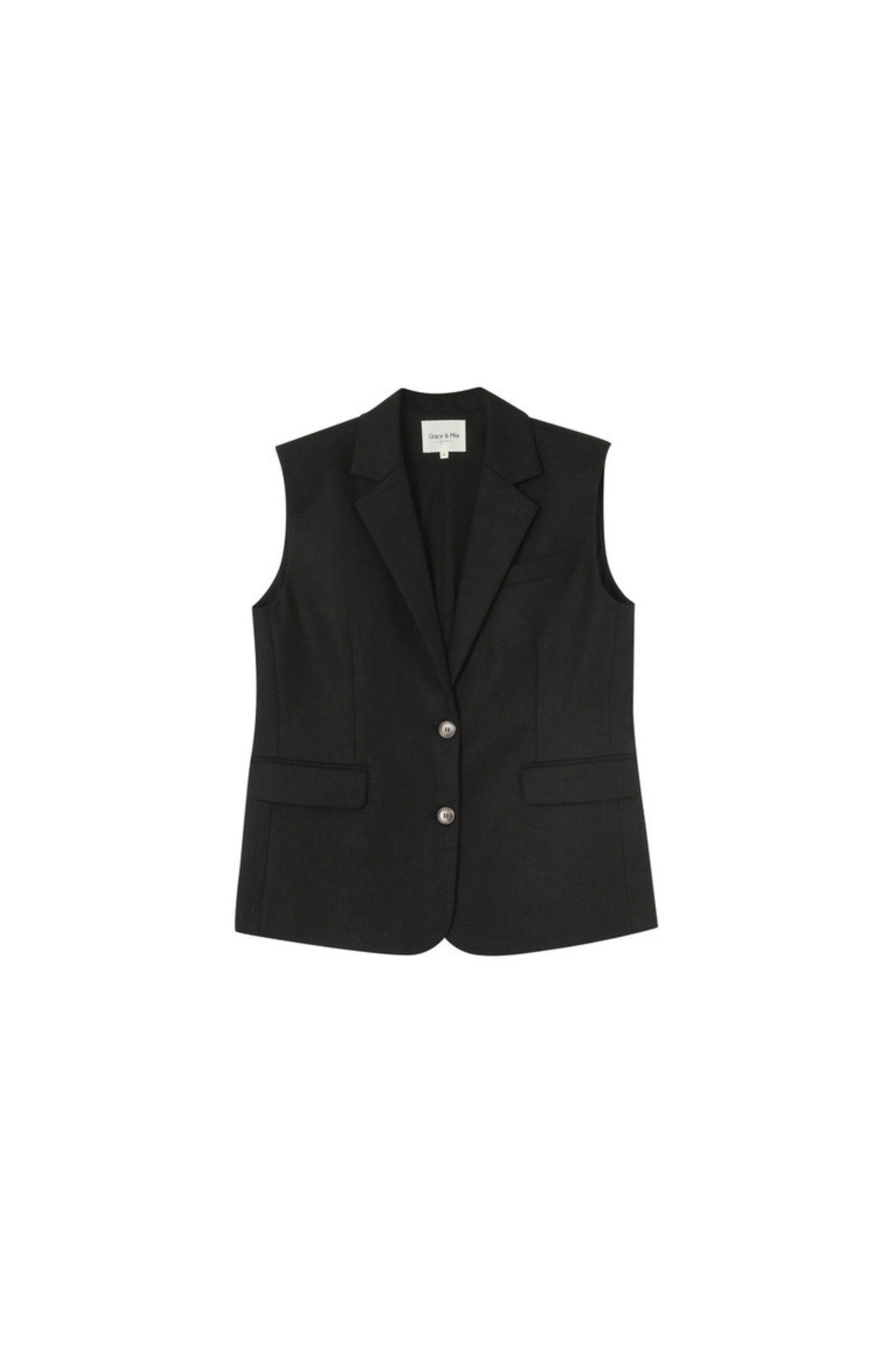 Grace & Mila pietro sleeveless blazer in black. Front flatlay view