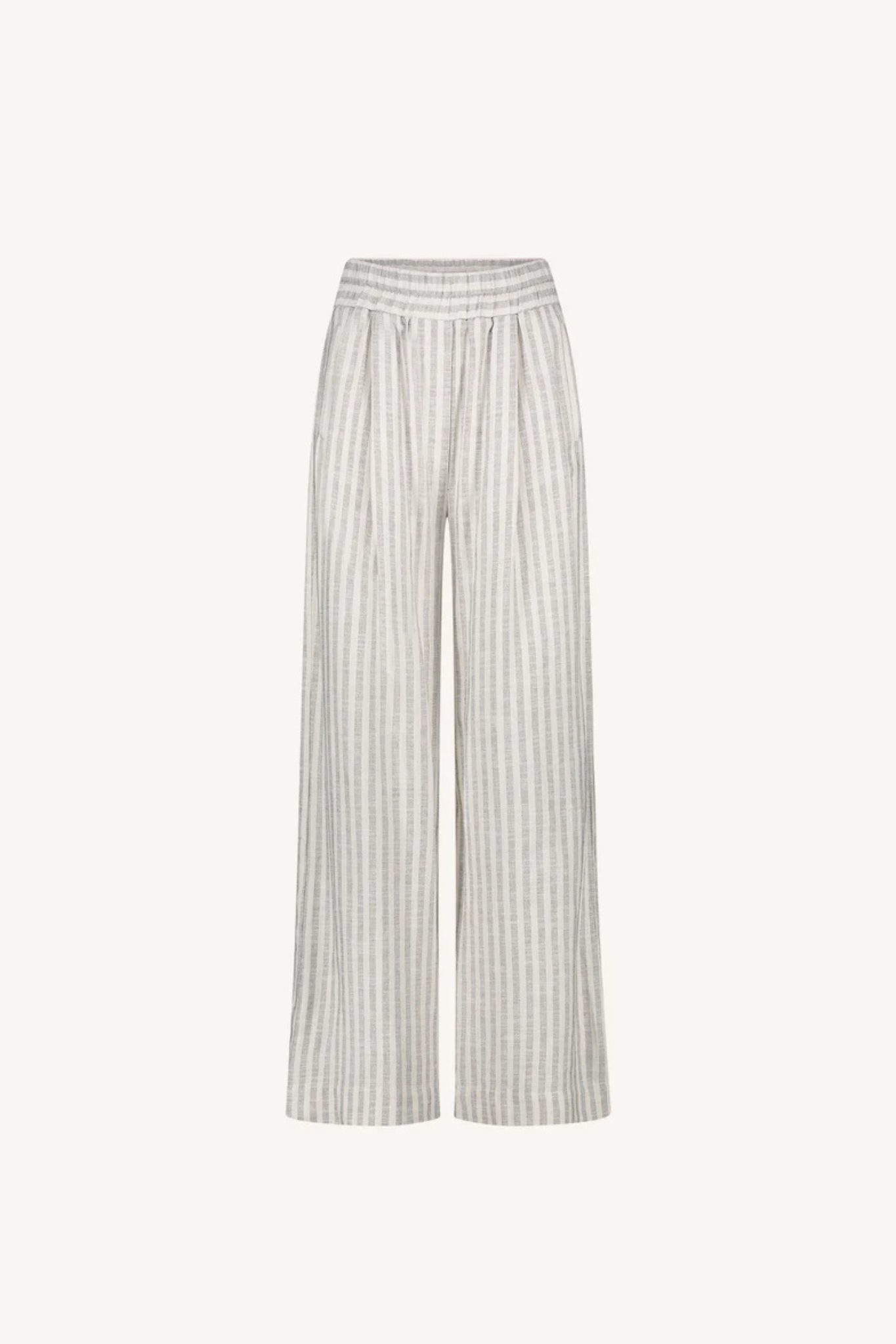 By-Bar Benji striped marine pants in beige and white. Front flatlay view