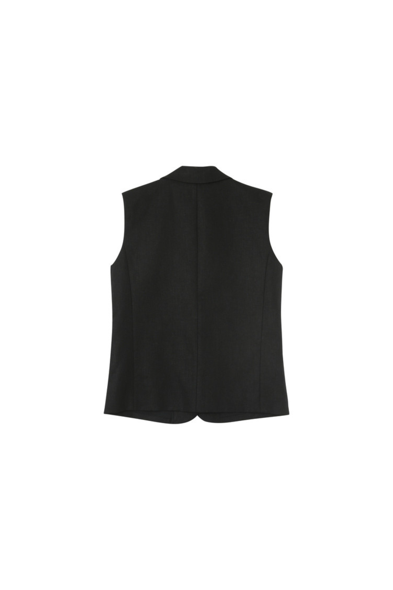 Grace & Mila pietro sleeveless blazer in black. Back flatlay view