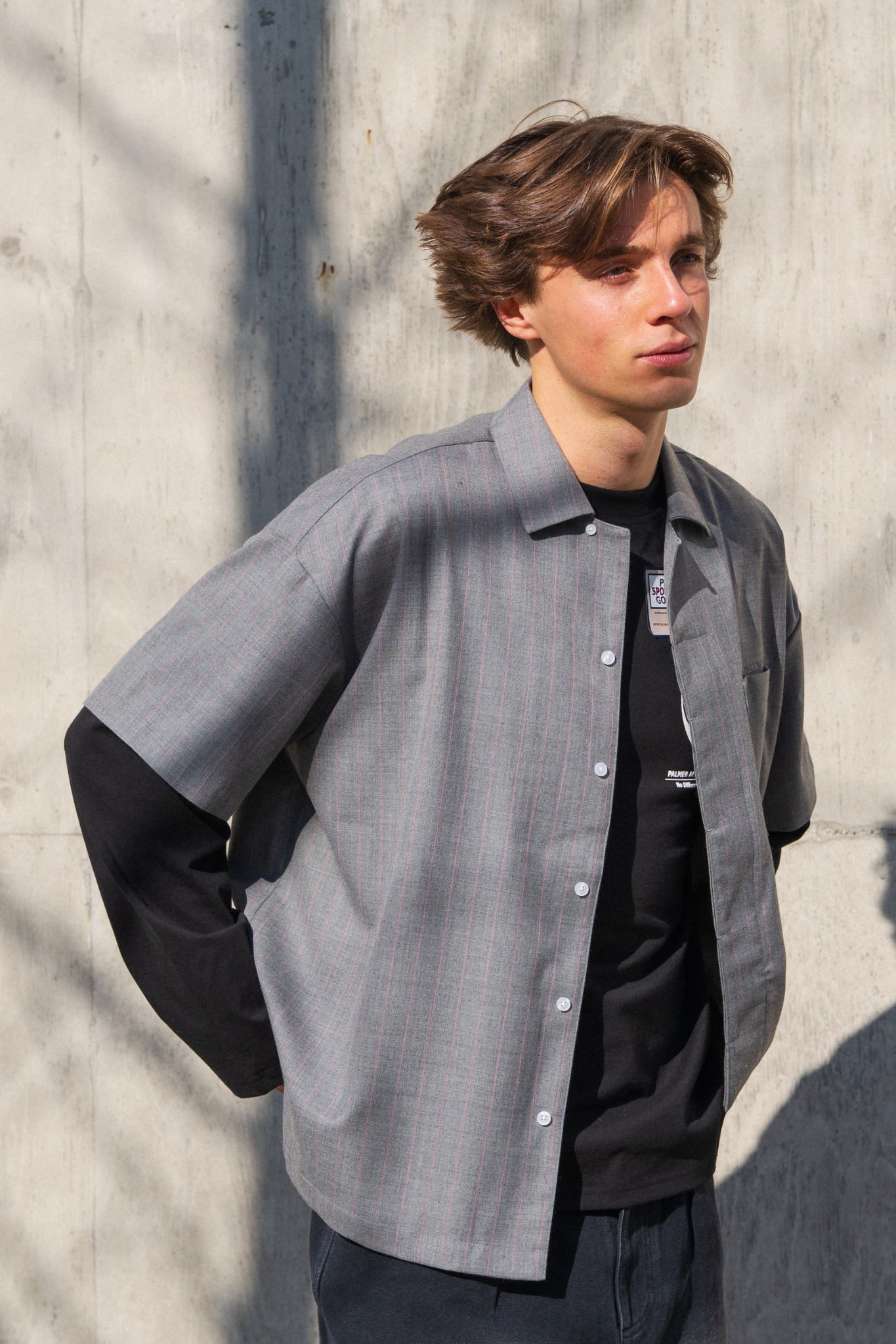 WIJK WOOL SHIRT - GREY/PINK PINSTRIPES