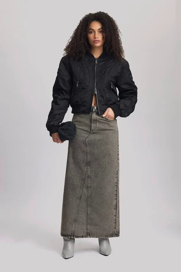 BRENDA HW LONG SKIRT - GREY BROWN WASHED