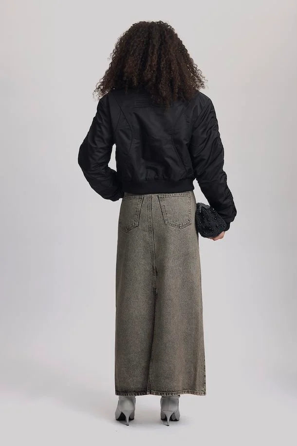BRENDA HW LONG SKIRT - GREY BROWN WASHED