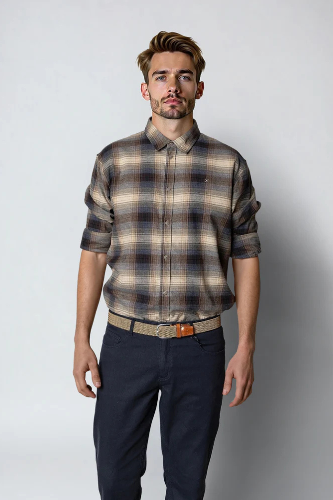 DYLAN CHECKED FLANNEL SHIRT - ECRU/NAVY