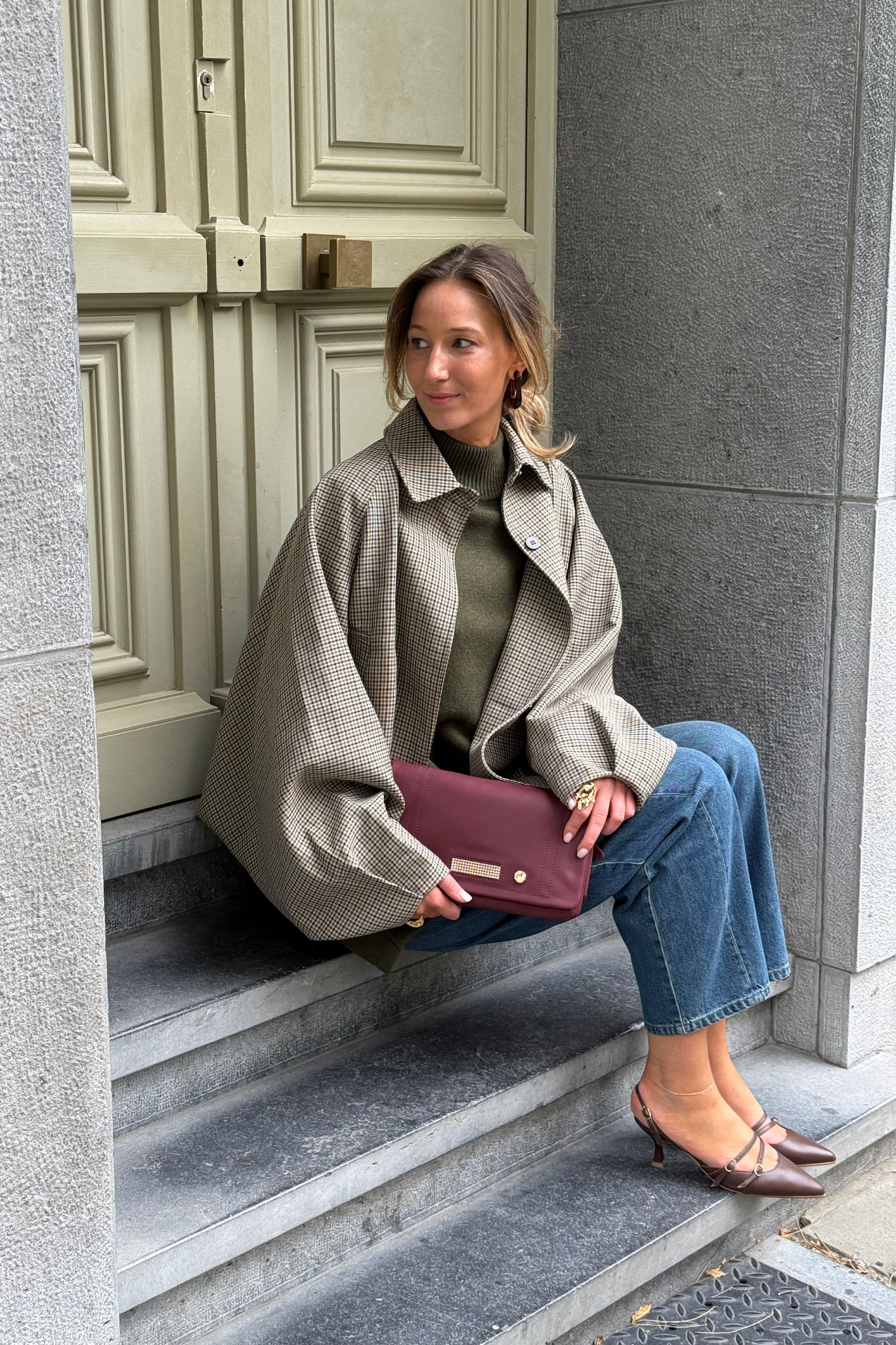CHECK CAPE JACKET - BROWN