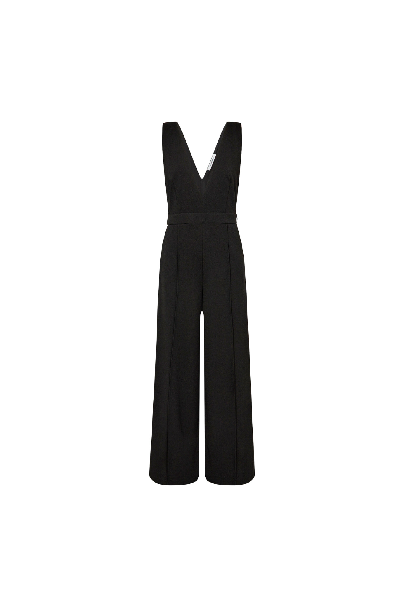 Co'Couture deep V jumpsuit in black. Front flatlay view