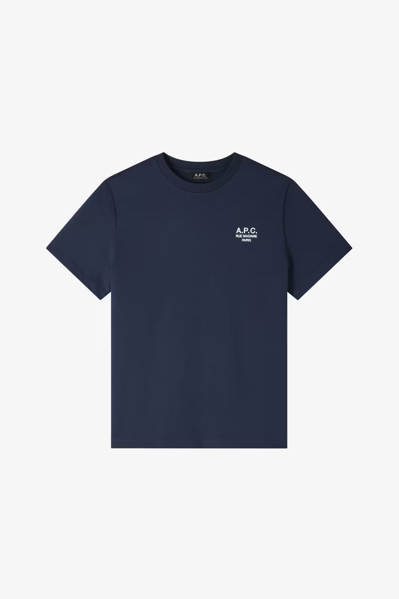 APC dark navy t-shirt with logo in white. Front flatlay view