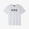 Model wearing the APC white t-shirt with logo in dark navy. Front flatlay view