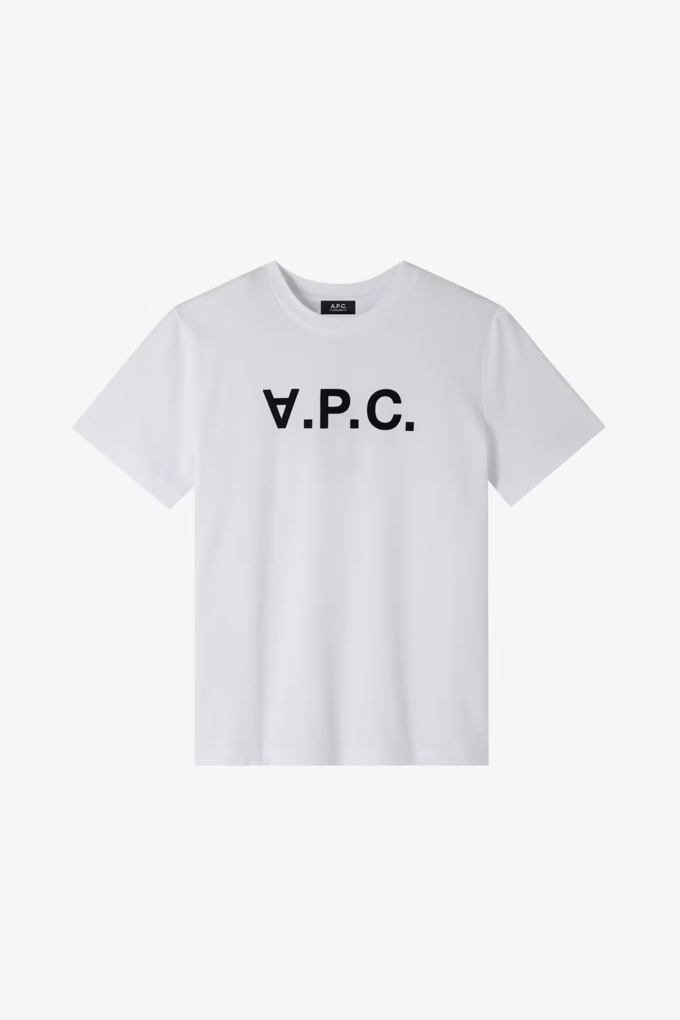 Model wearing the APC white t-shirt with logo in dark navy. Front flatlay view