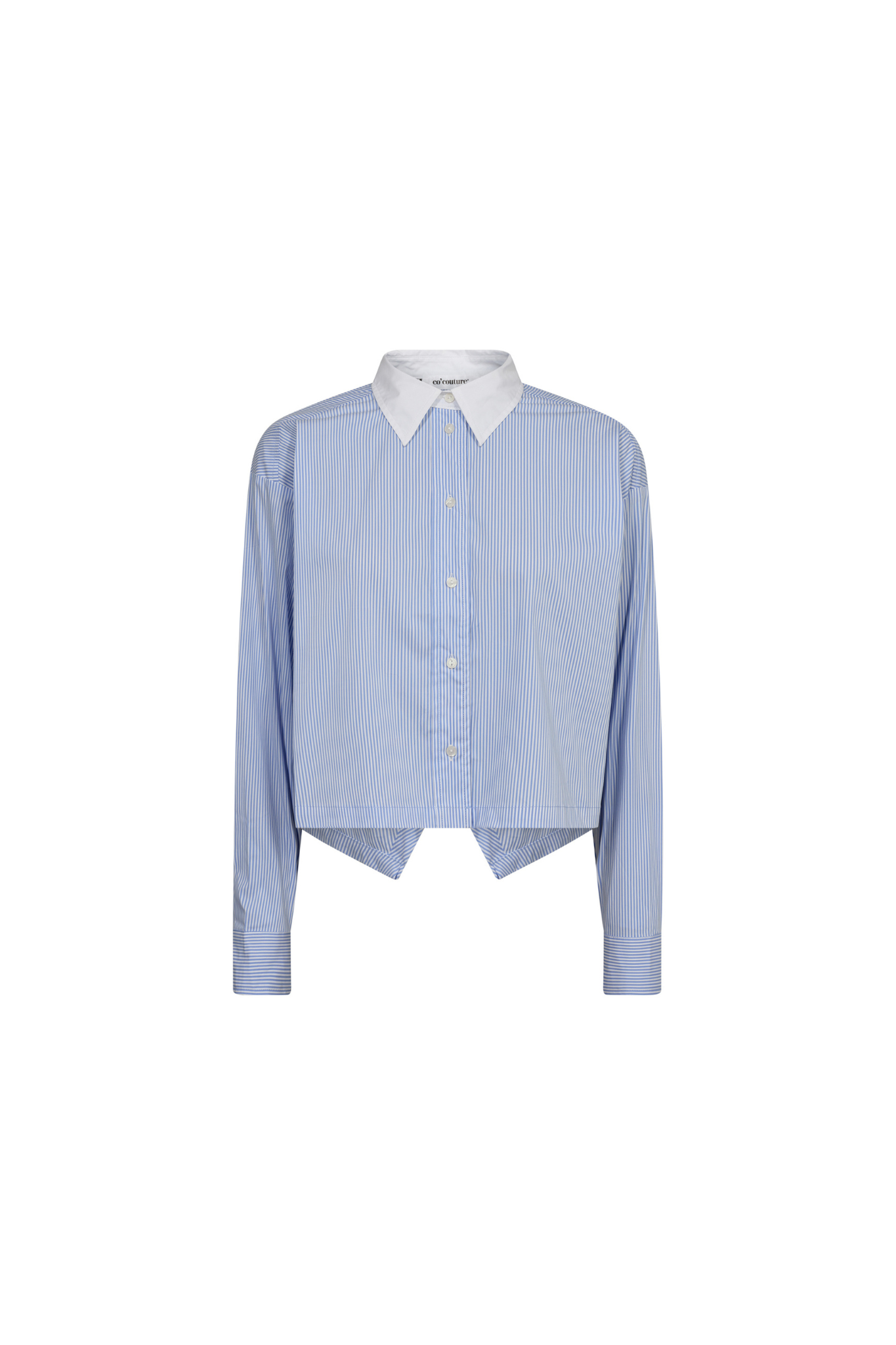 Co'Couture cropped blue striped shirt with white collar. Front flatlay view