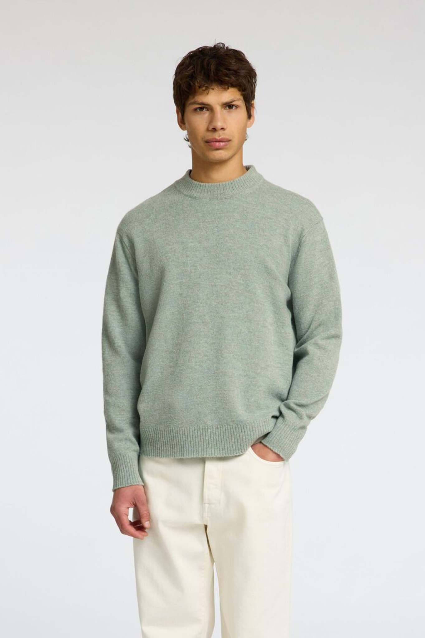 Model wearing the Selected Homme reuben ls knit relaxed crewneck in green. Front view