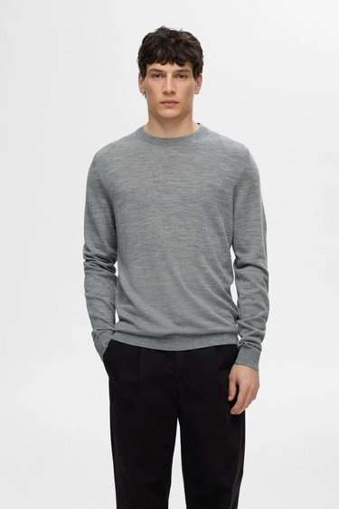 SLHTRAY LS KNIT MERINO CREW NECK - MED GREY MELANGE