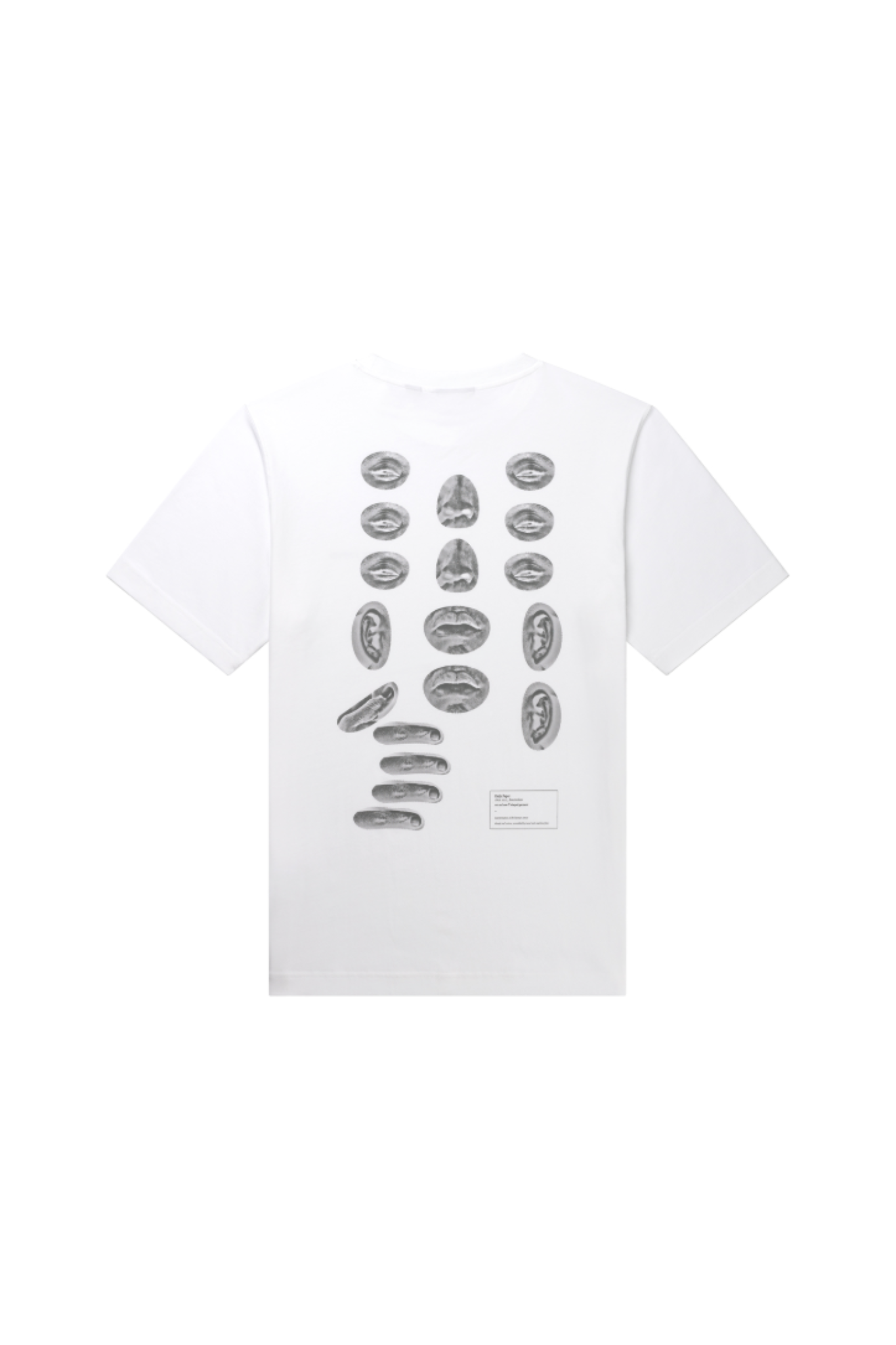 Daily Paper white tshirt with print on back and logo in grey. Back flatlay view