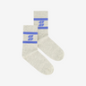 By-Bar grey logo socks with logo in blue.