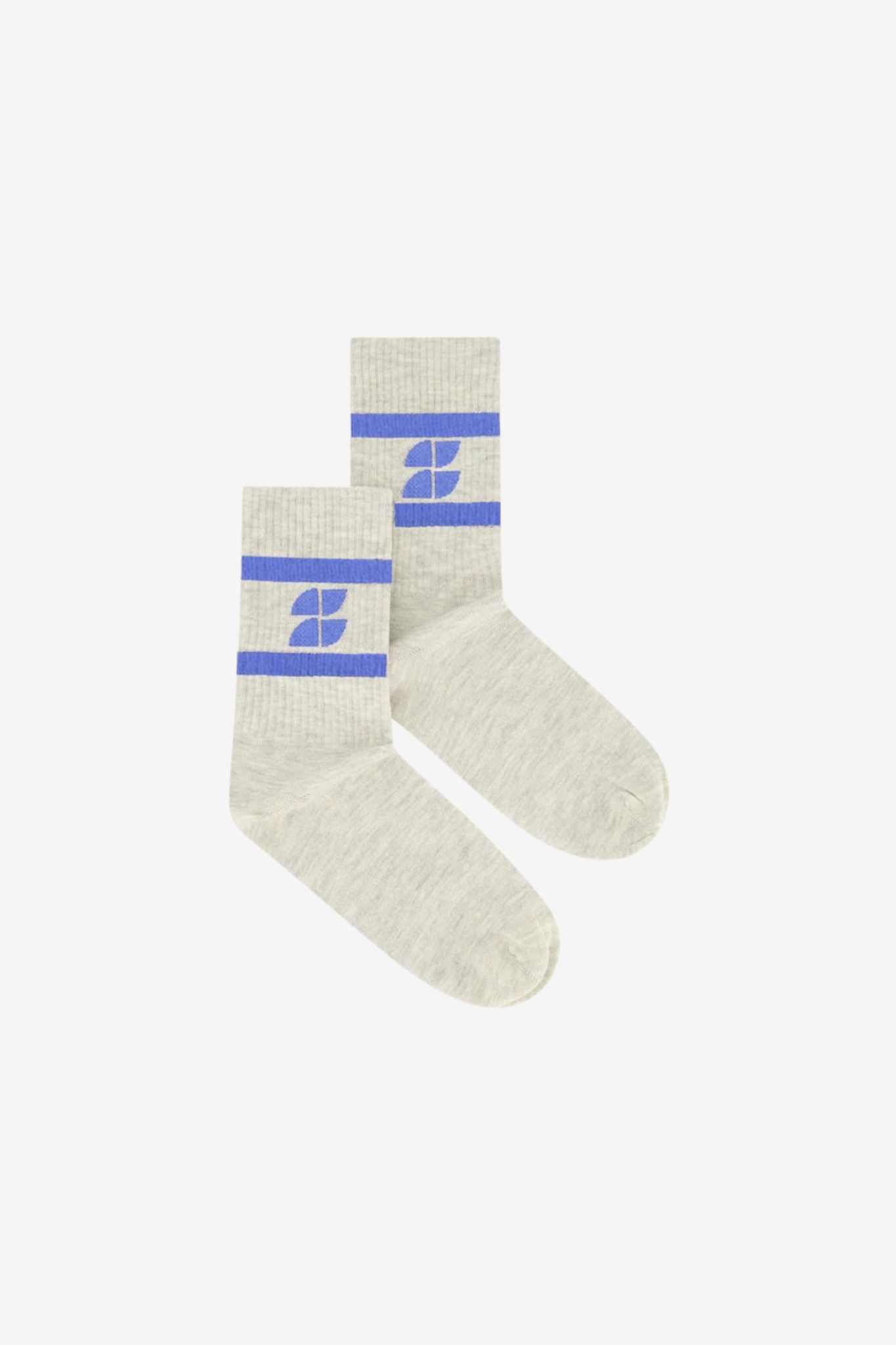 By-Bar grey logo socks with logo in blue.