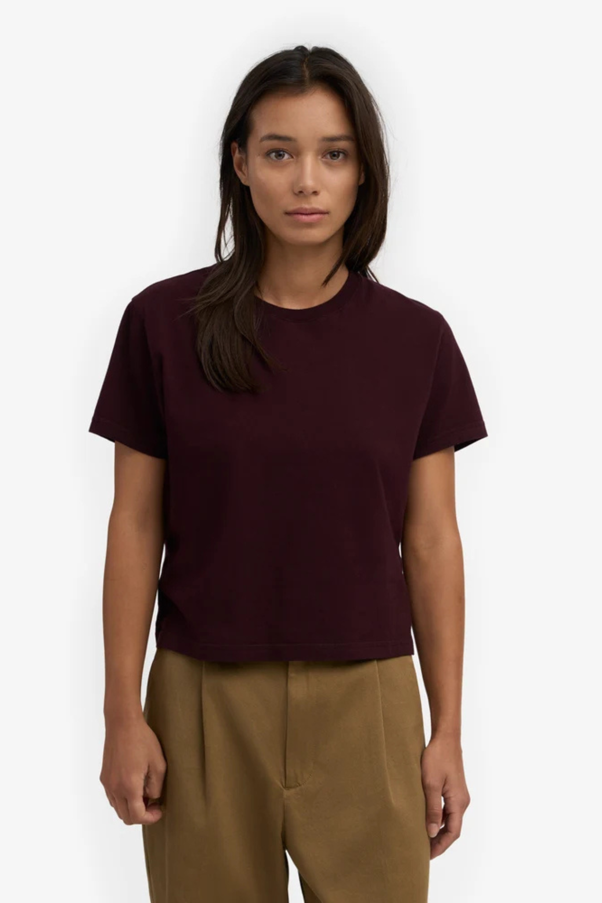 BIOLOGISCH BOXY CROP T-SHIRT - OXBLOOD ROOD