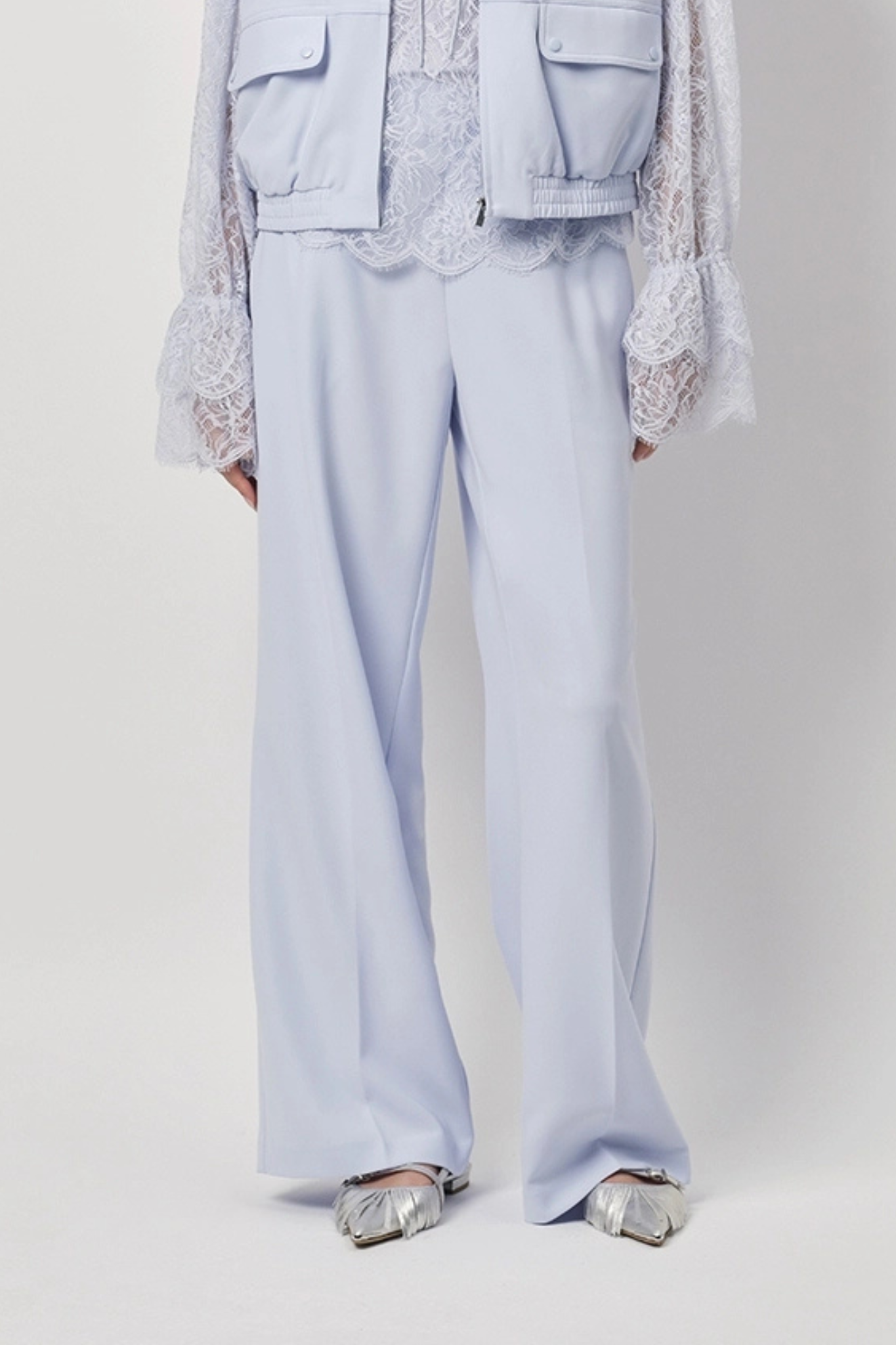 Model wearing the Dante6 fabri elasticated wide leg pants in light blue. Front view