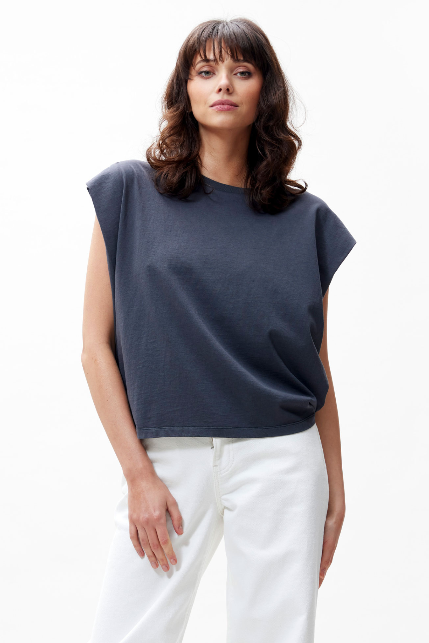 FOLDED SHOULDER SINGLET TOP - CARBON