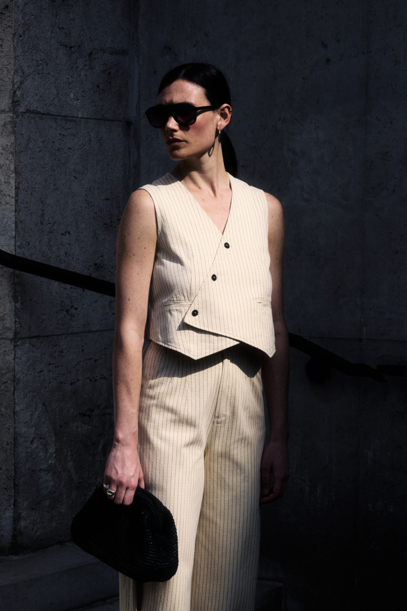 Model wearing the JIJI lisa top in creme and black striped. Front view