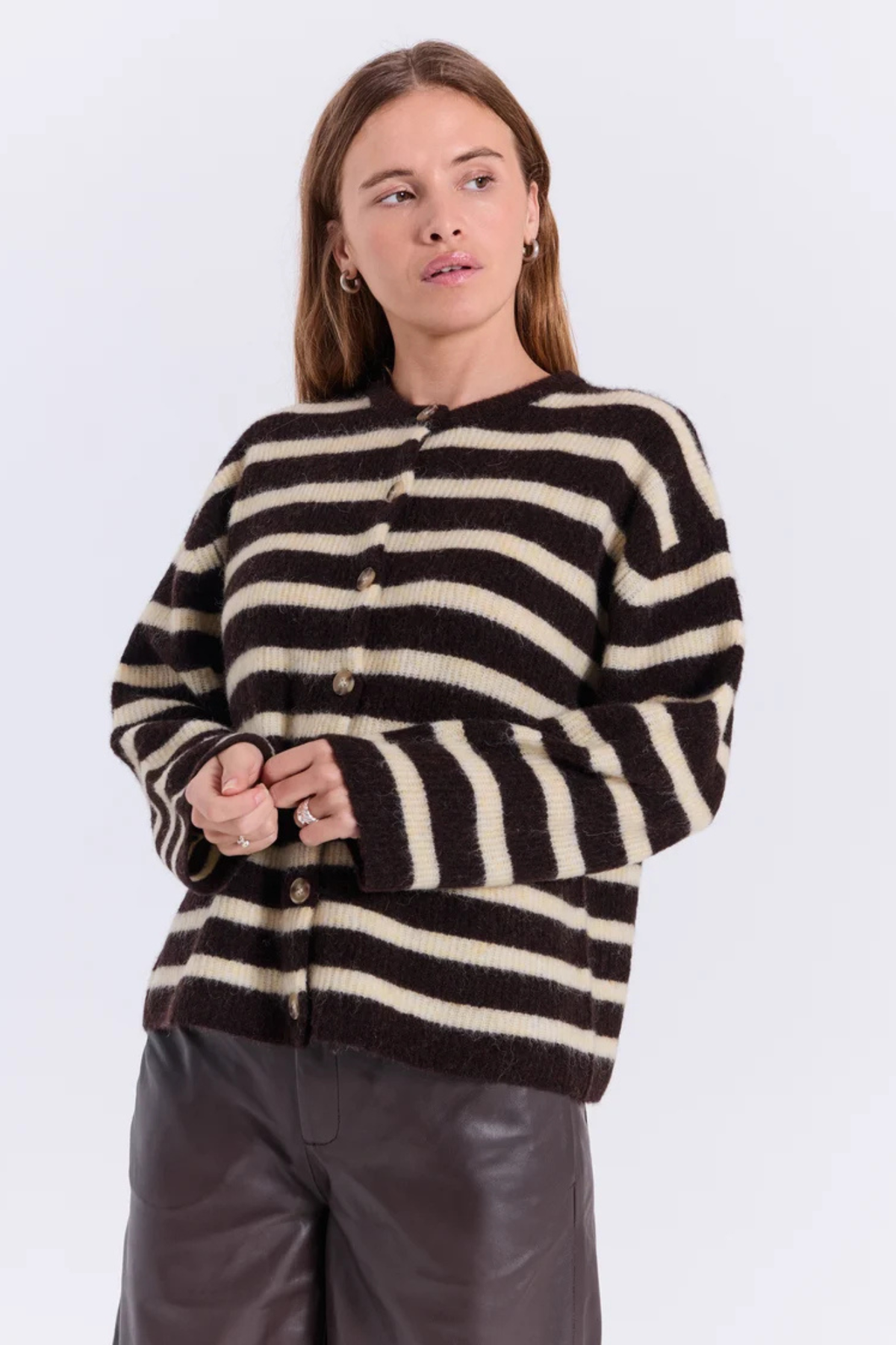HALLI STRIPED LS KNIT CARDIGAN - BROWN WITH YELLOW STRIPE