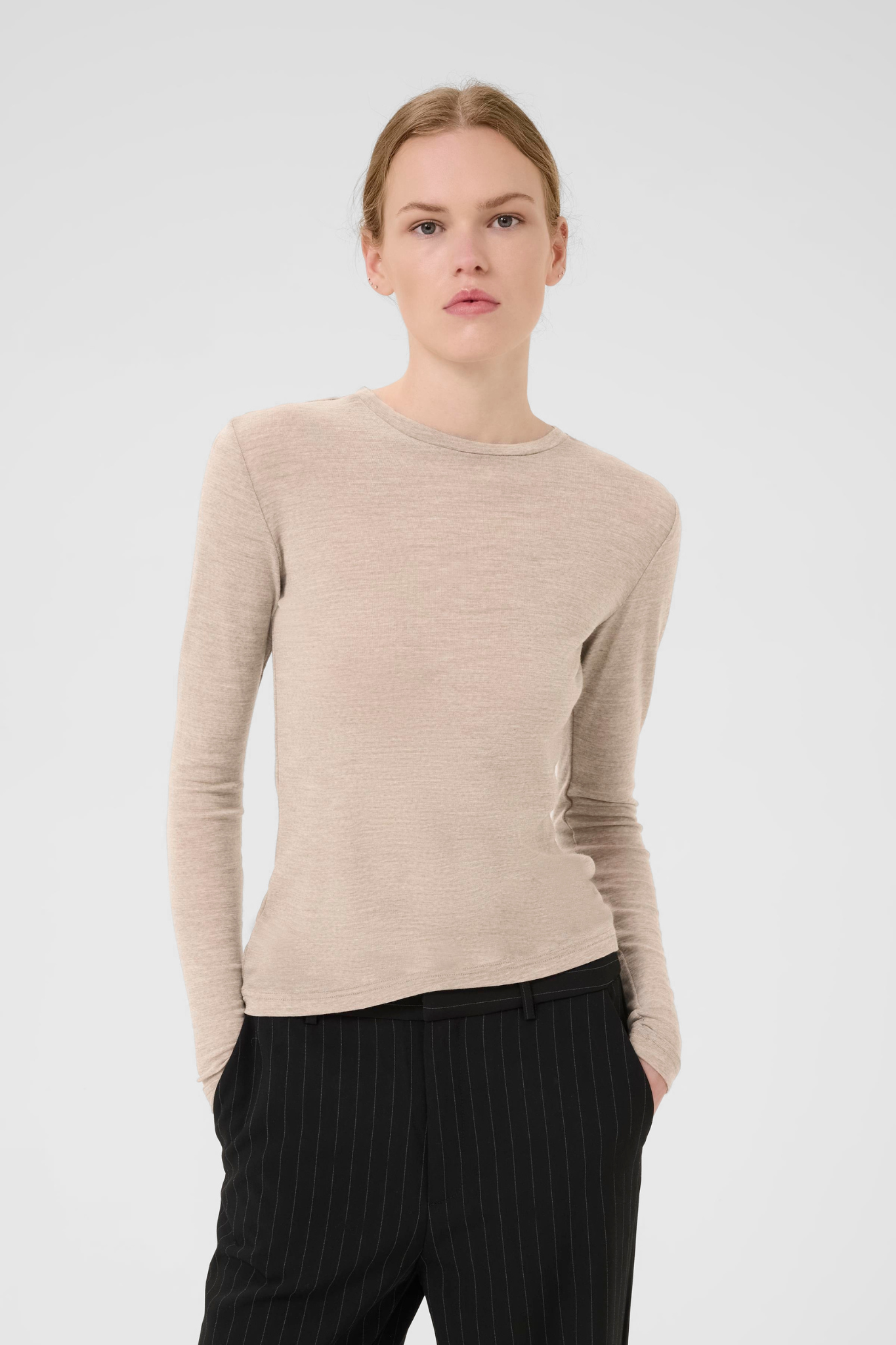 NINIA LS WOOL ROUNDNECK NOOS - SAND MELANGE