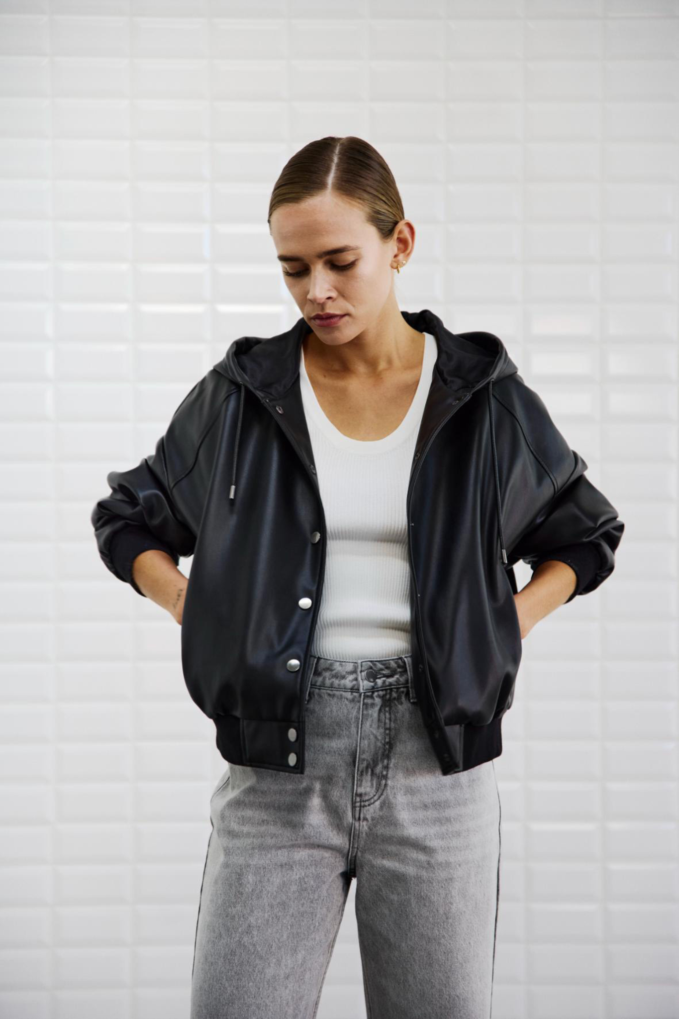 MAYA VEGAN HOODED BOMBER JACKET - BLACK