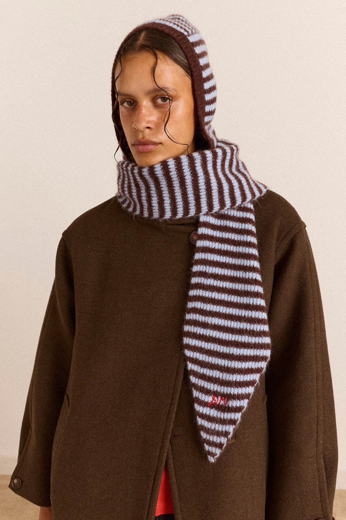 TIE FRONT HOOD - BLUE - CHOCO STRIPE