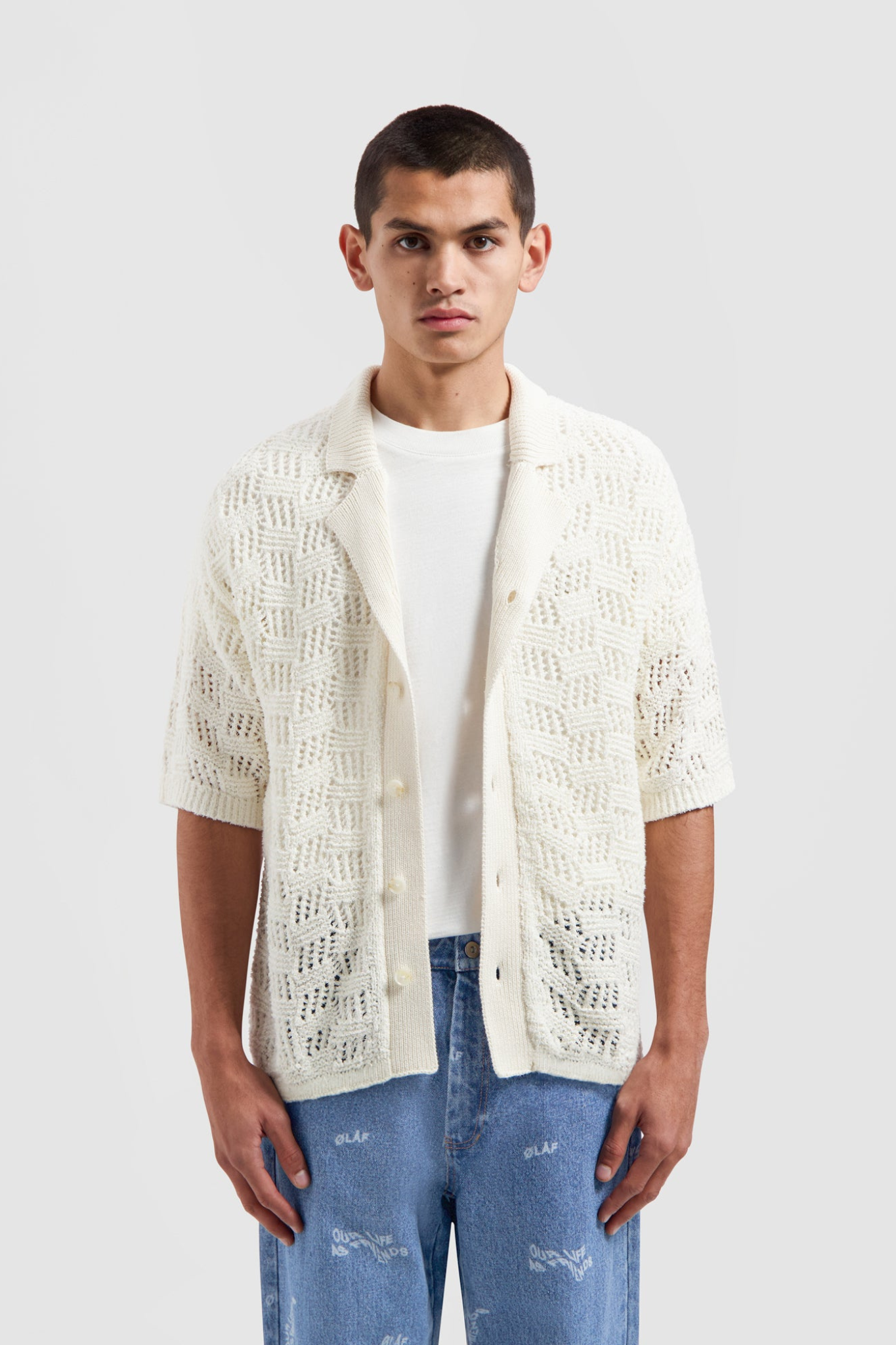 CHECK KNITTED SS SHIRT MEN - OFF WHITE
