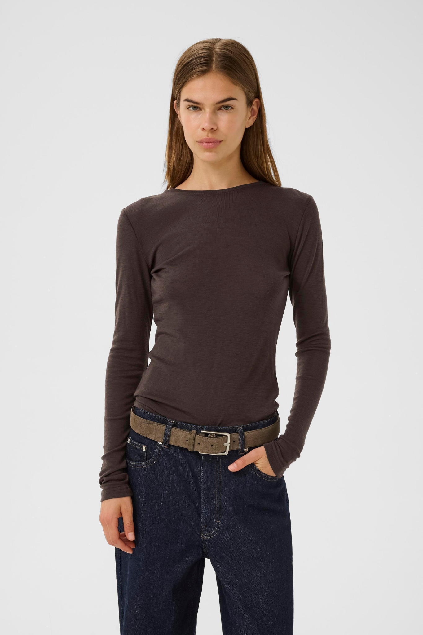 NINIA LS WOOL ROUNDNECK TOP - CHOCOLATE TORTE