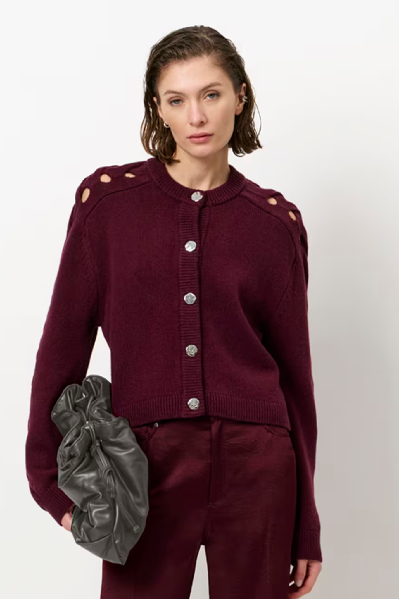 HABY BRAIDED CARDIGAN SWEATER -  MULBERRY RED