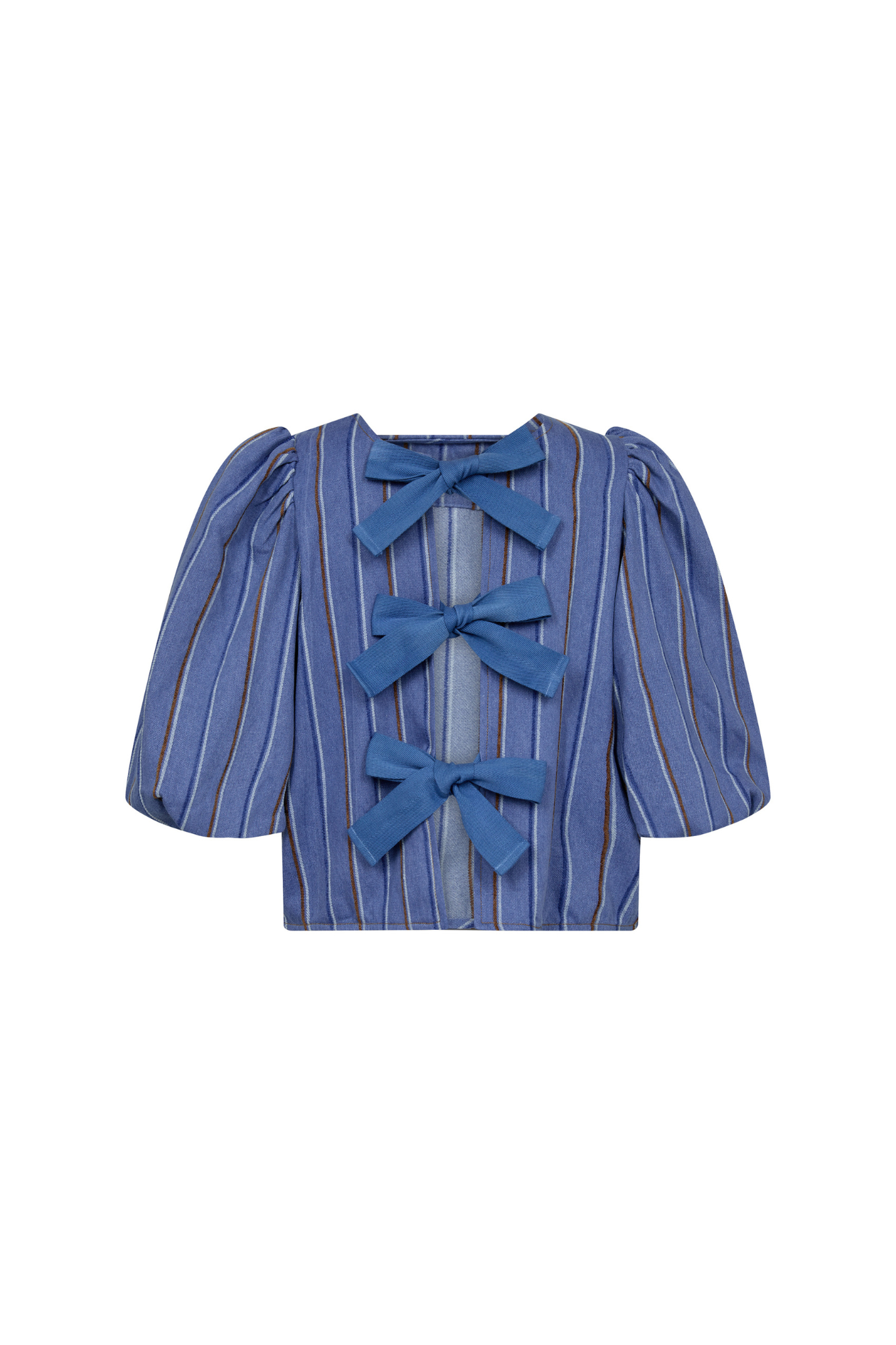 Co'Couture striped bow blouse in blue. Front flatlay view