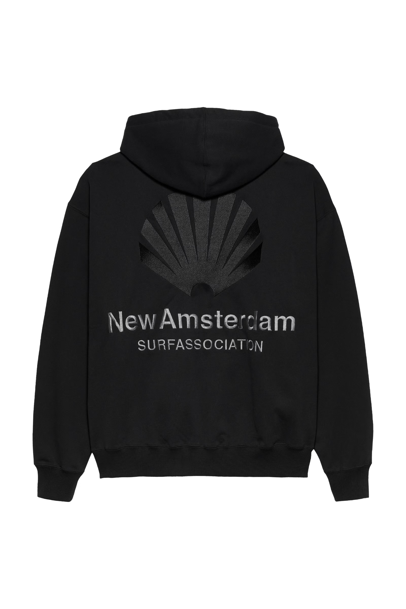 New Amsterdam black logo hoodie with logo in black. Back flatlay view