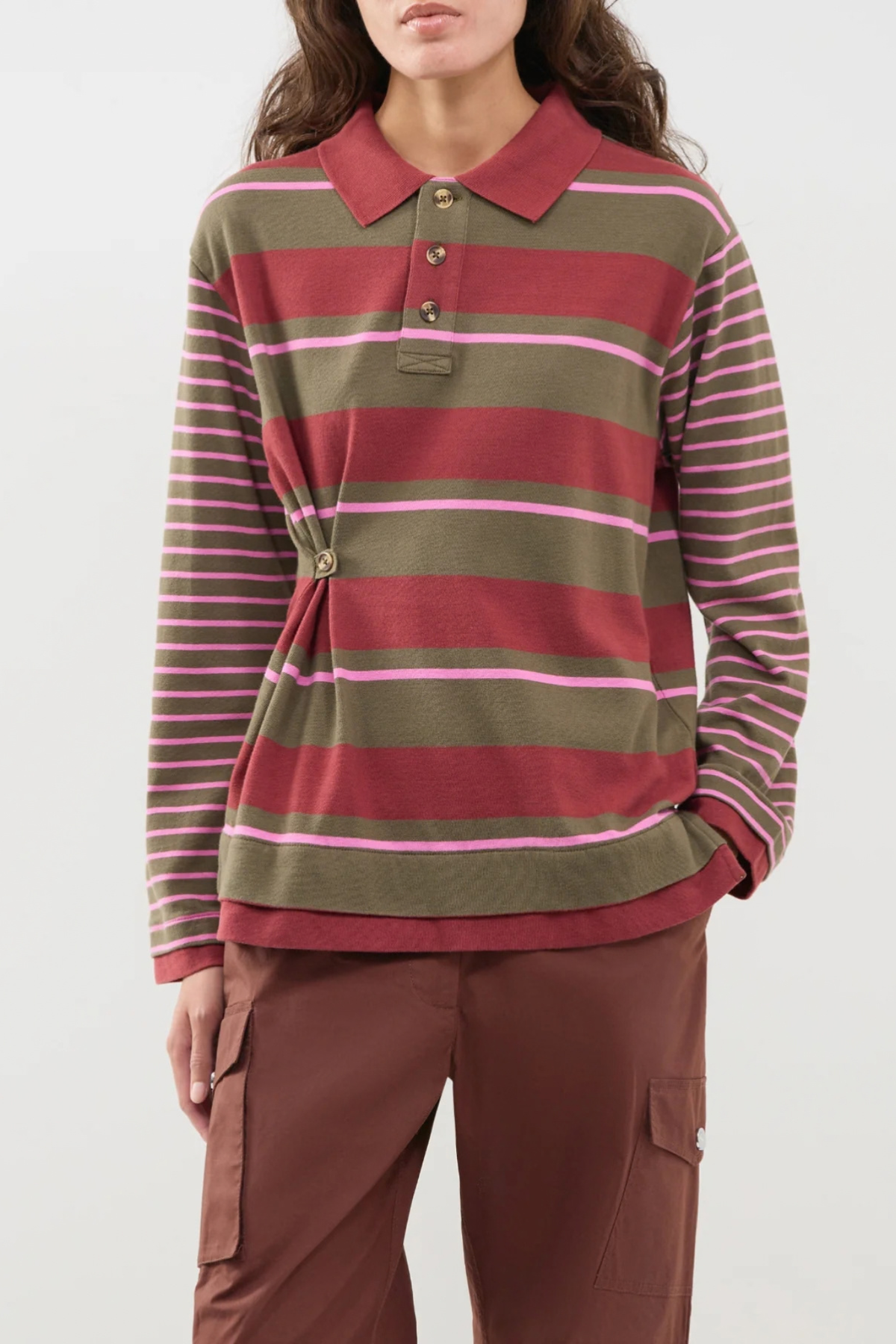 NOAH CINCH RUGBY SHIRT - OLIVE/PINK STRIPE