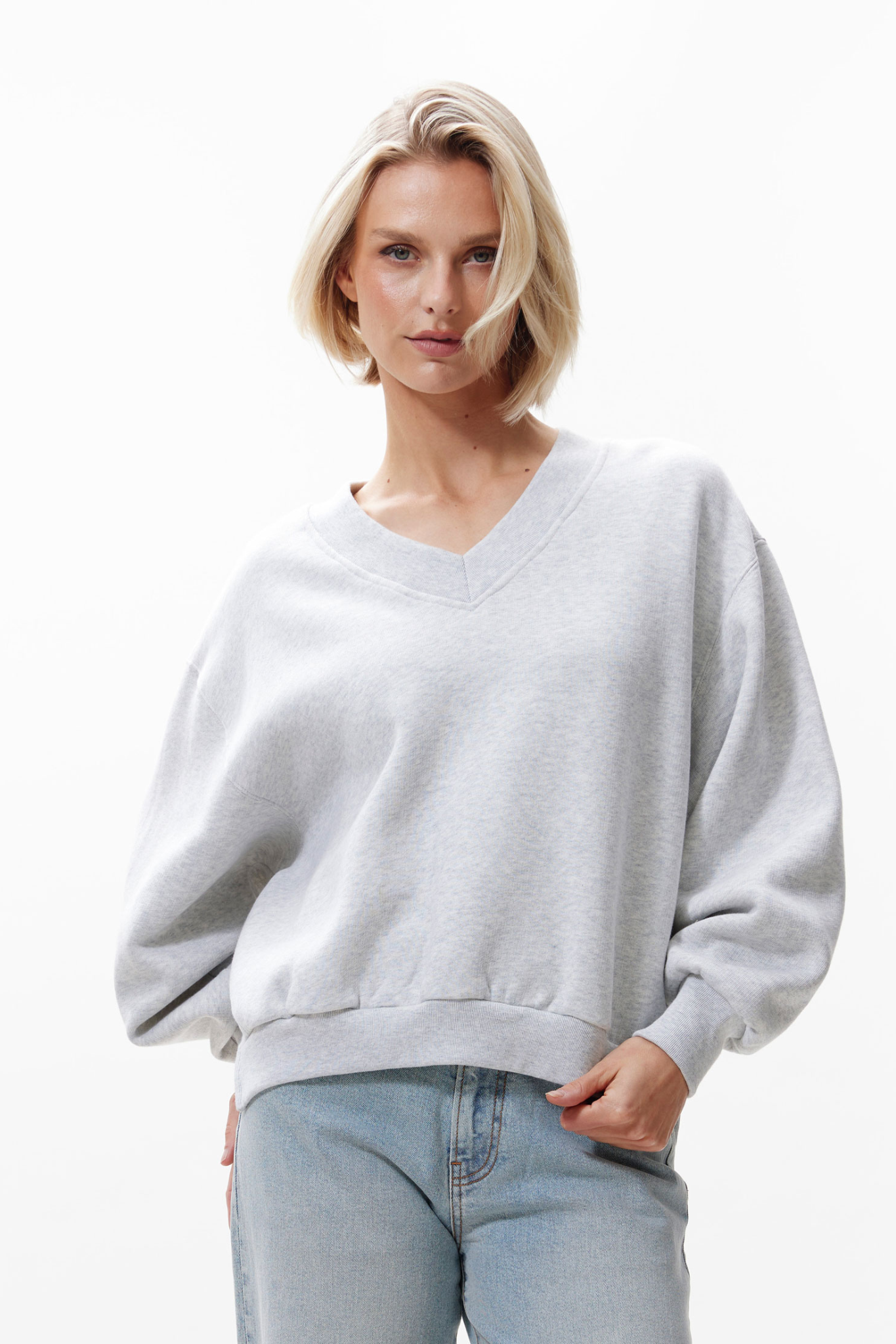 SWEATER WITH V-NECK - GREY MELANGE
