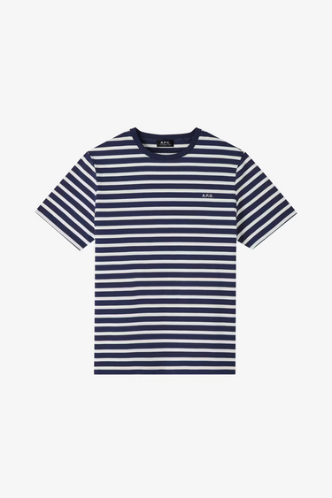 Blue and white striped APC t-shirt. Front flatlay view