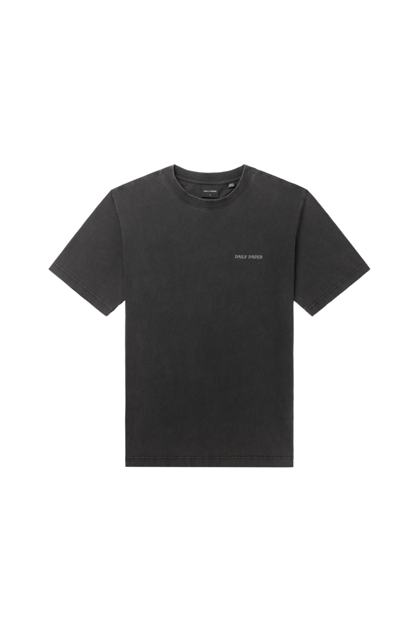 Daily Paper black tshirt with print on back and logo in grey. Front flatlay view