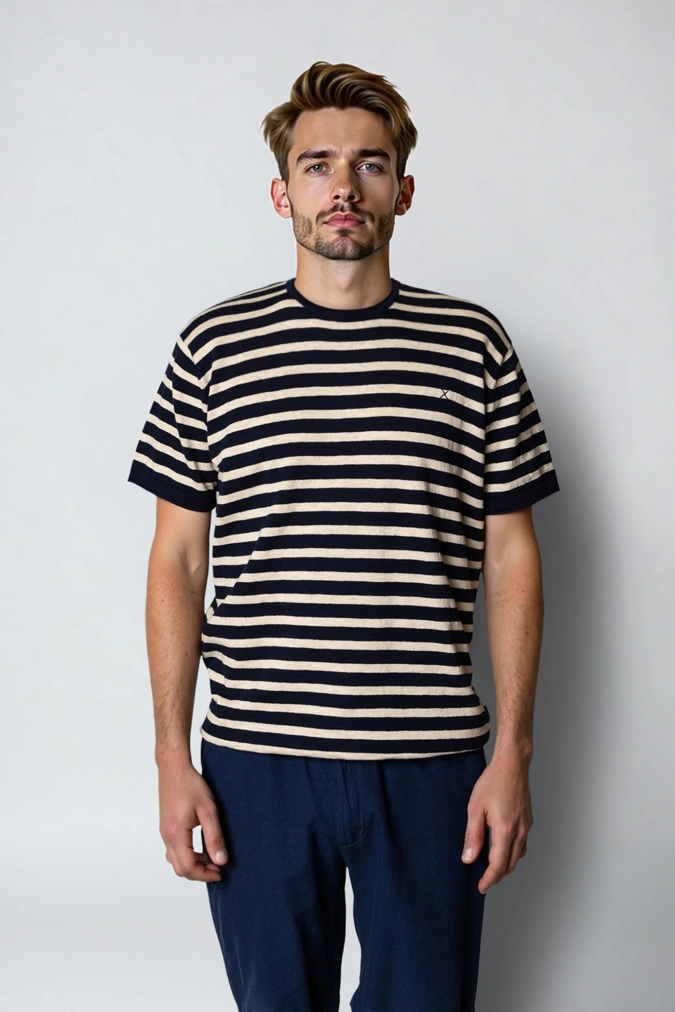 THOMAS KNITTED STRIPE T-SHIRT - NAVY/ECRU STRIPE