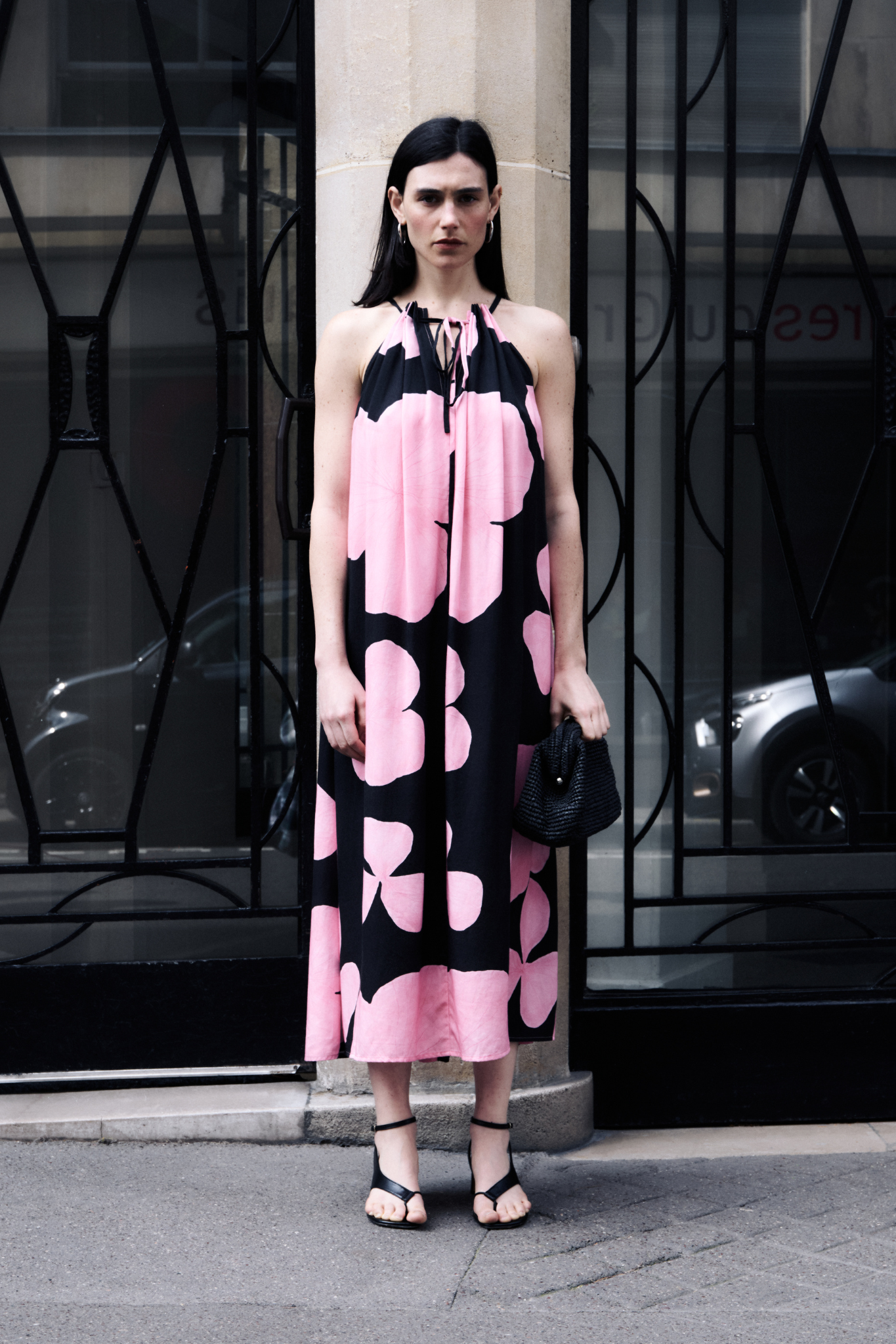 Model wearing the JIJI classis dress in maxi rose flower. Front view