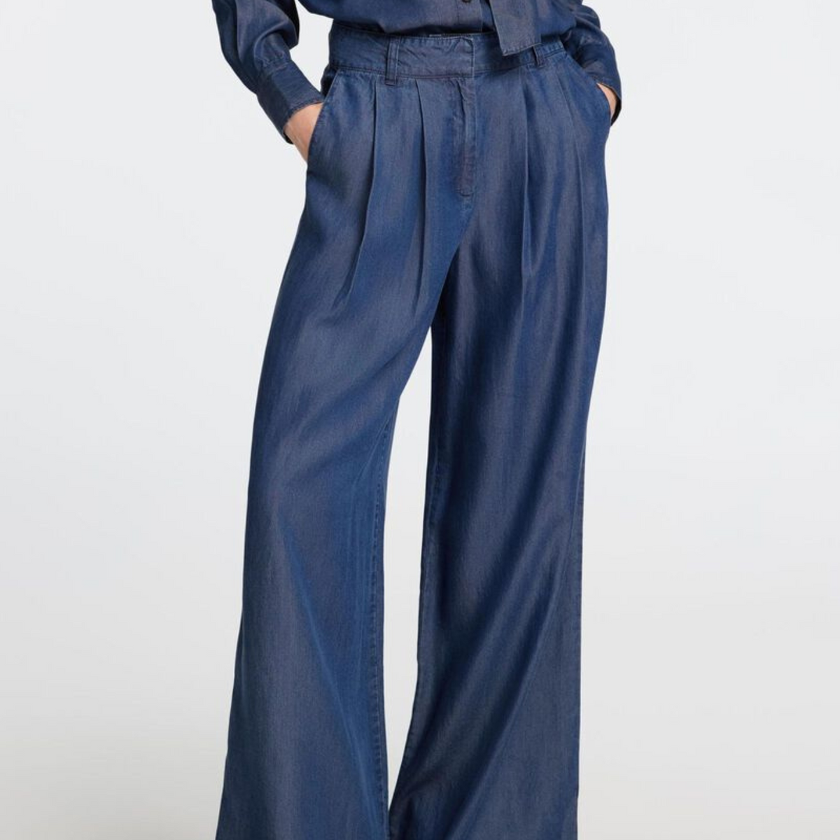 SLFJANNA HW PLEATED CHAMBRAY PANTS - DARK BLUE