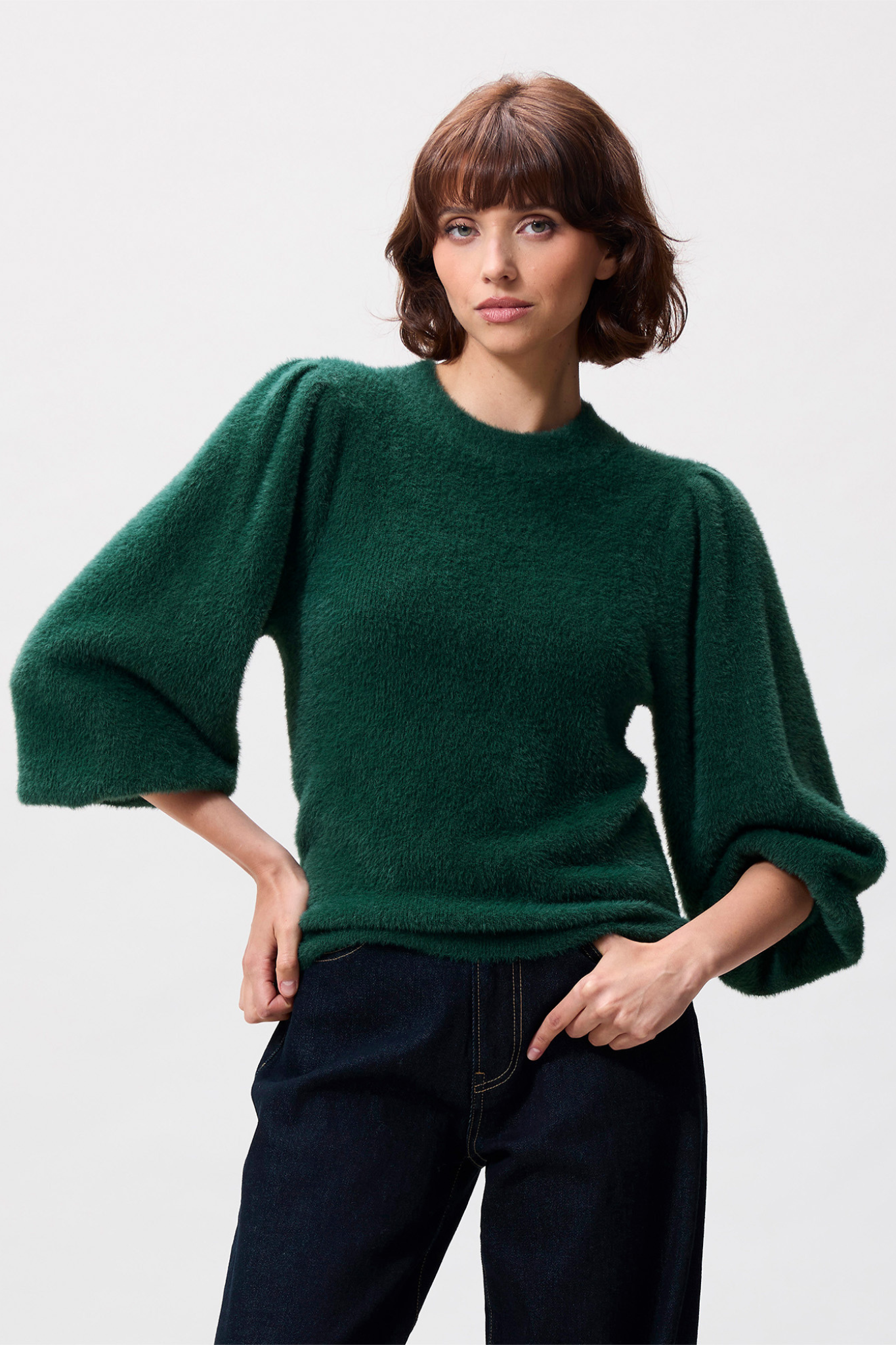FUZZY PUFF SLEEVE KNIT - PINE FOREST