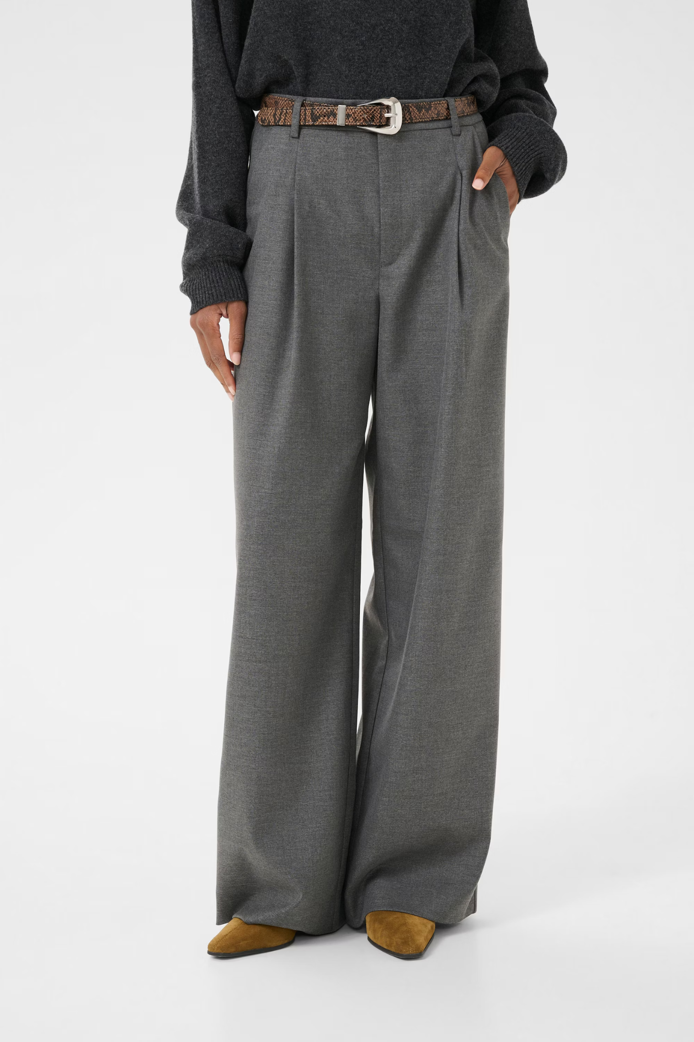 PAULA MELANGE MW WIDE PANTS - DARK GREY MELANGE