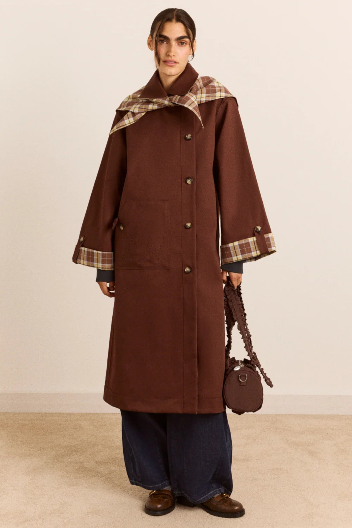 REVERSIBLE LONGLINE JERRY TRENCH JACKET - CHOCOLATE