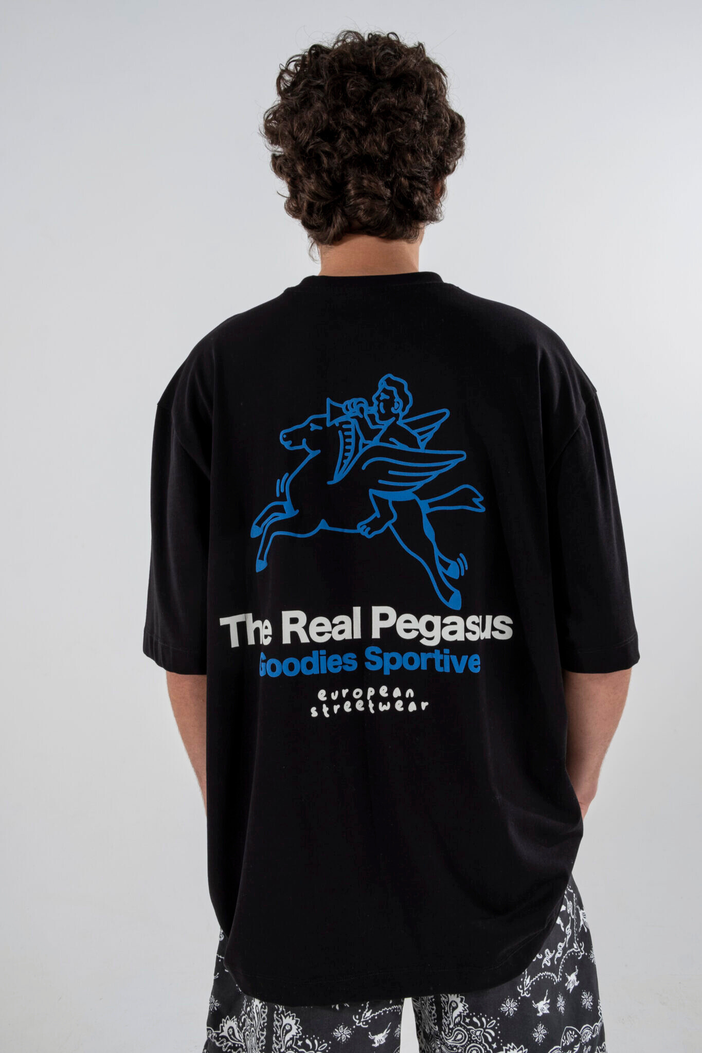 Model wearing the Goodies Sportive real pegasus t-shirt in black and graphic in blue. Back view