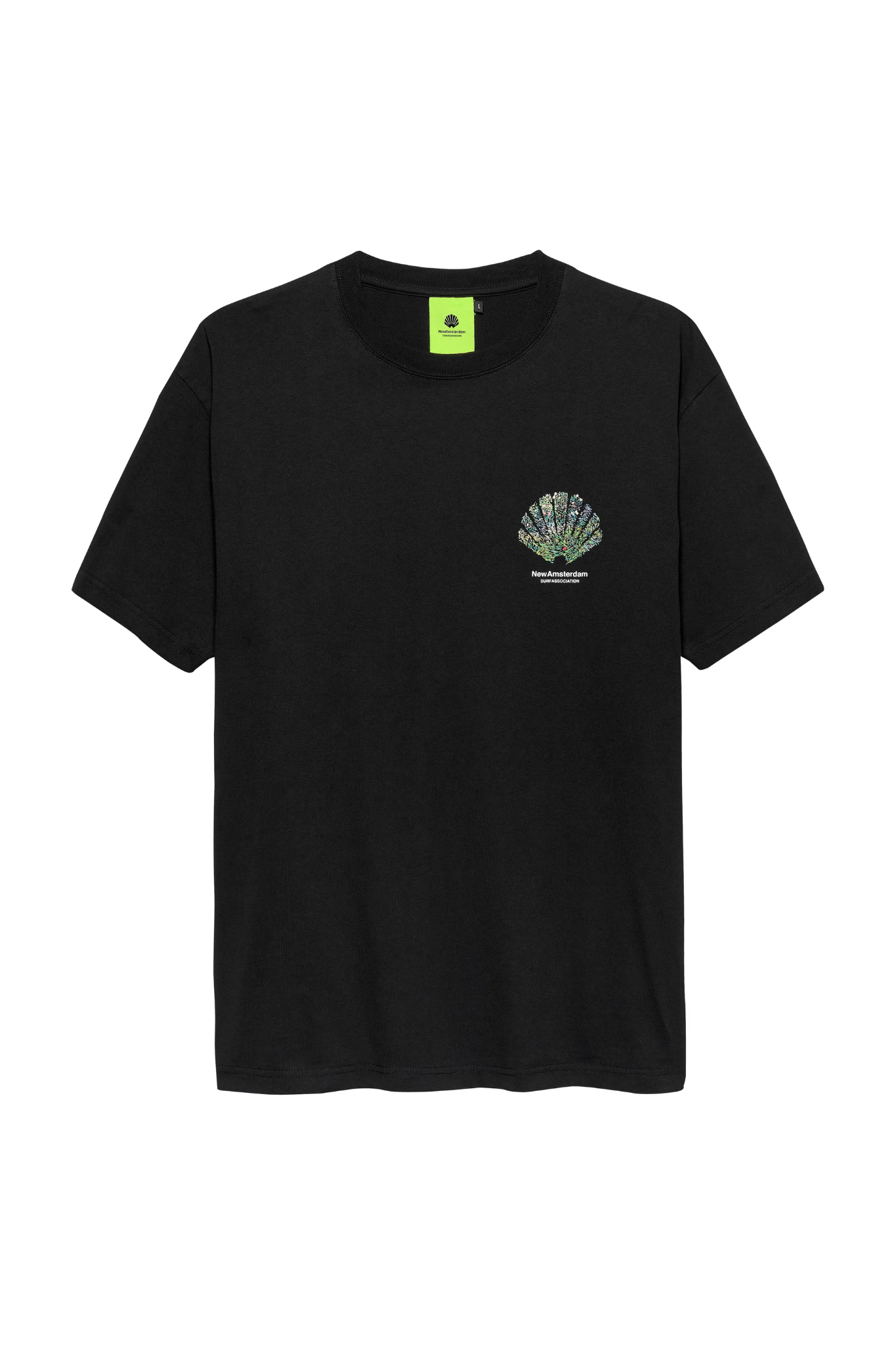 New Amsterdam black tall grass t-shirt with logo in white. Front flatlay view