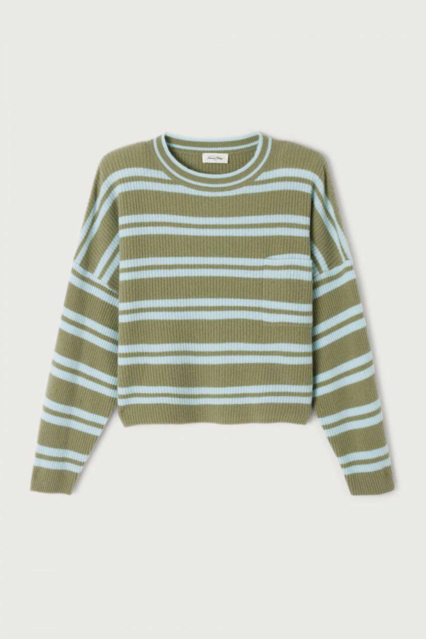 American Vintage green and light blue striped raxow sweater. Front flatlay view