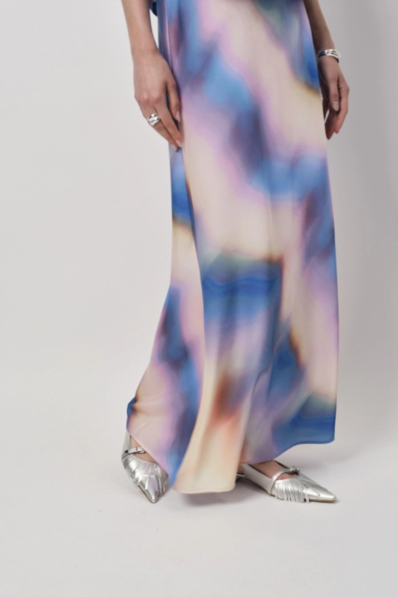 Model wearing the Dante6 keshin printed satin maxi skirt multicolor. Front view