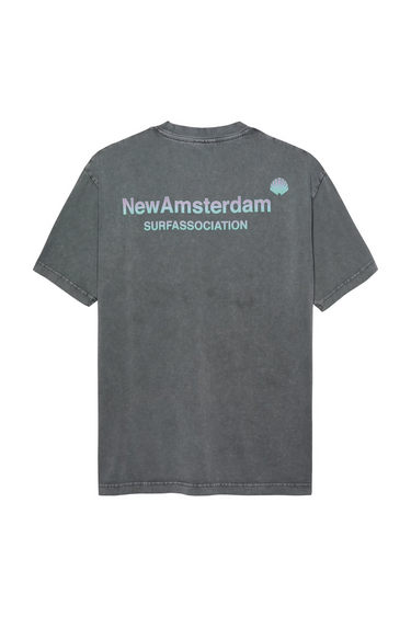 New Amsterdam grey logo t-shirt with logo in blue. Back flatlay view