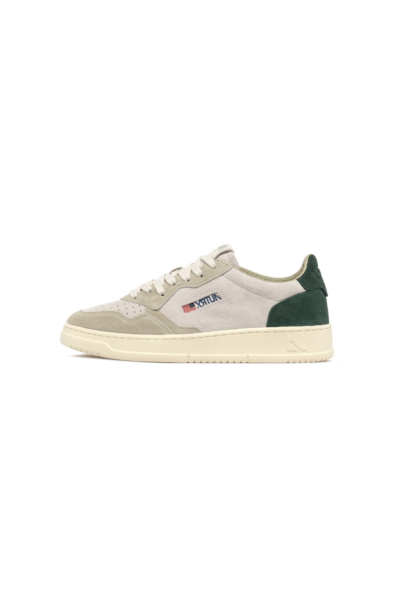 Autry medalist low man sneakers in grey and green suede. Side view