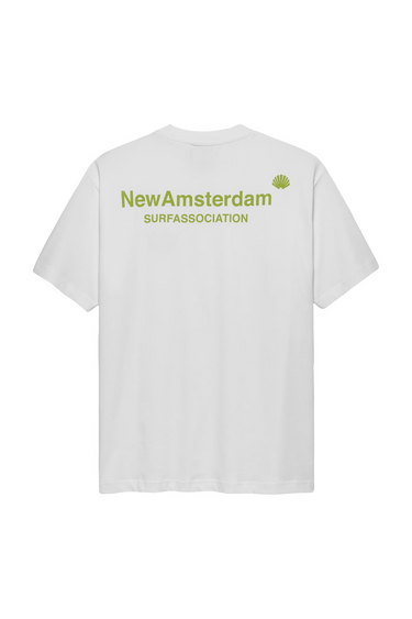 New Amsterdam white logo t-shirt with logo in green. Back flatlay view